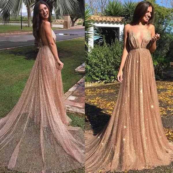 A Line Spaghetti Straps V Neck Gold Prom Dresses Long Backless Evening Dresses WK654
