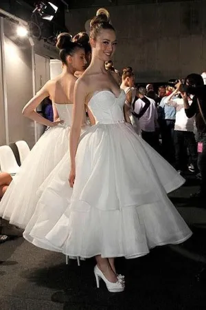 A Line Strapless Sweetheart Organza Tea Length Wedding Dresses, Prom Dresses SWK15496