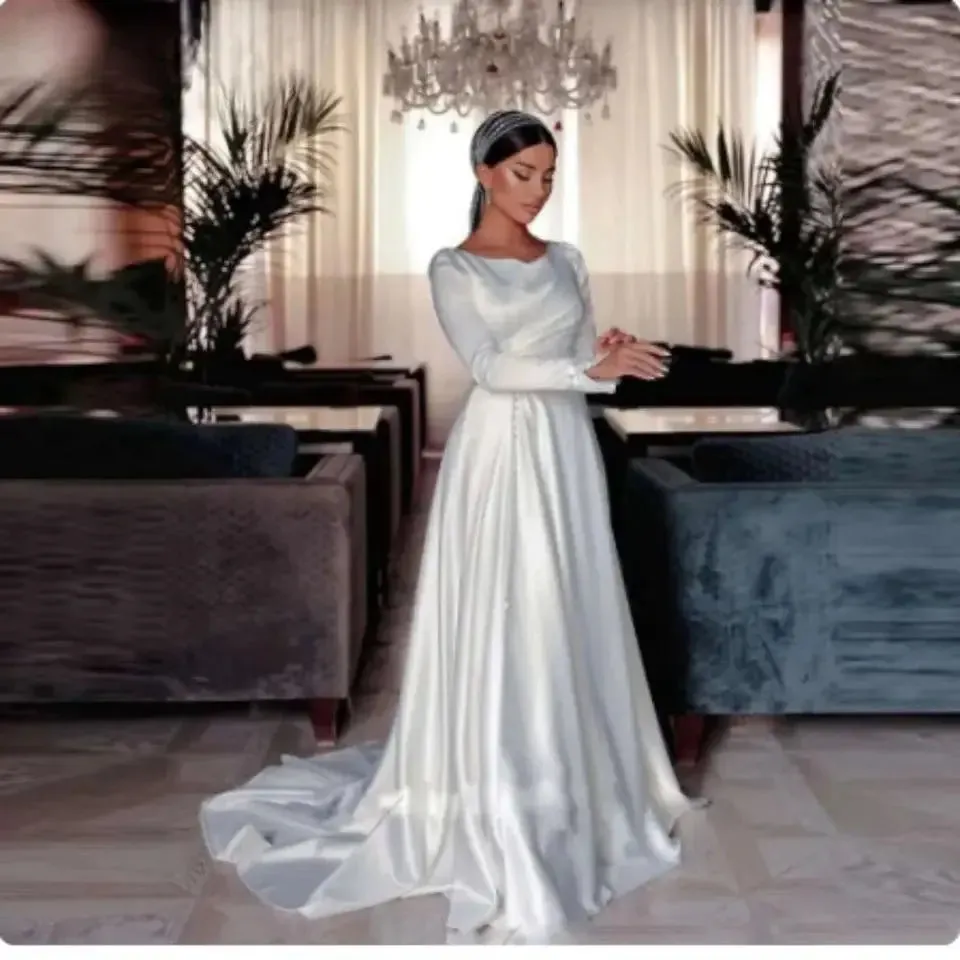 A Line Wedding Dress For Women Buttons Front Bride Gowns Long Sleeve