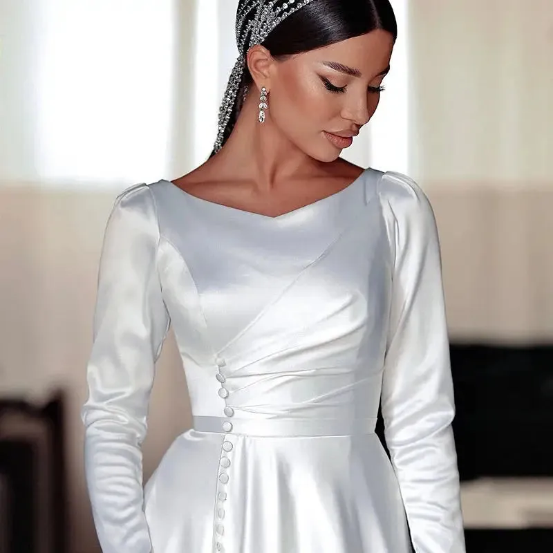 A Line Wedding Dress For Women Buttons Front Bride Gowns Long Sleeve