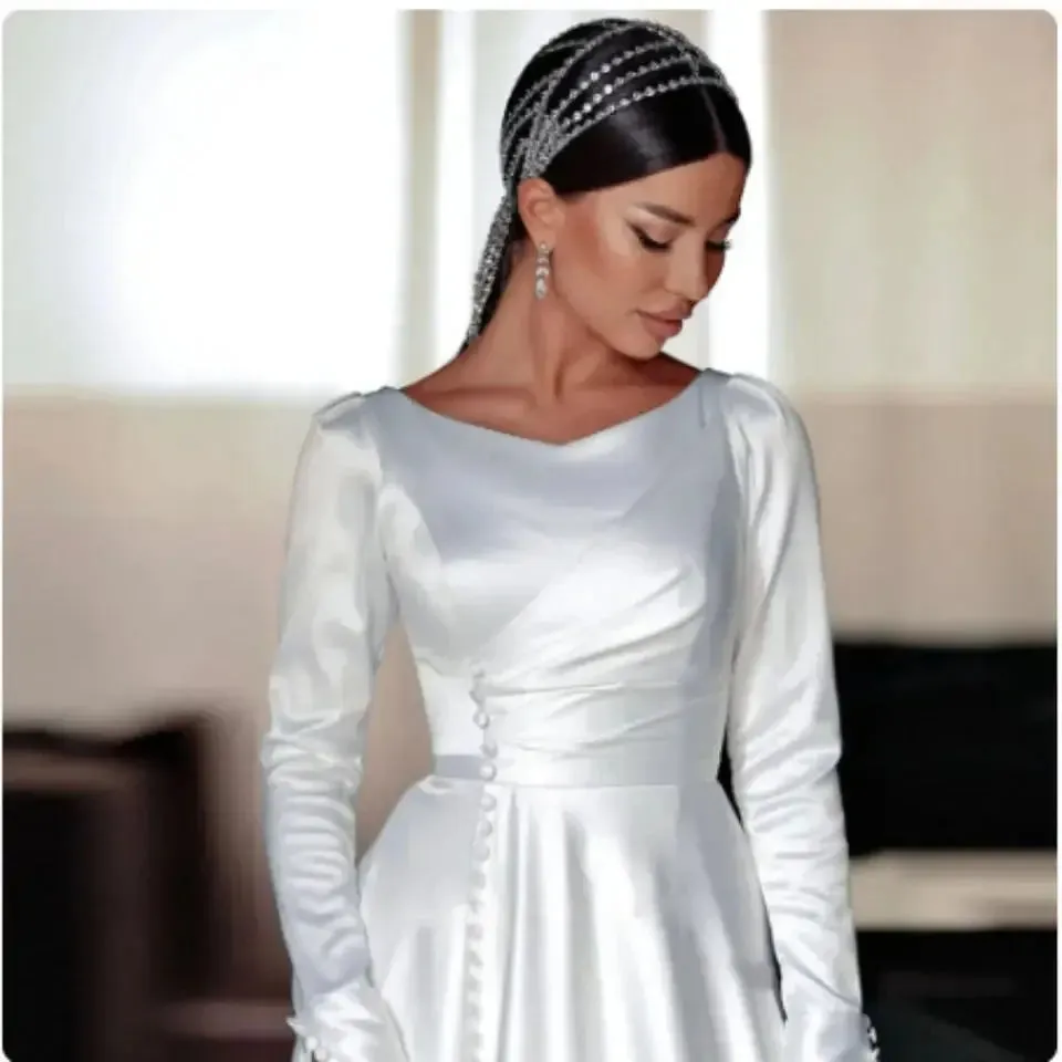 A Line Wedding Dress For Women Buttons Front Bride Gowns Long Sleeve