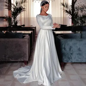 A Line Wedding Dress For Women Buttons Front Bride Gowns Long Sleeve