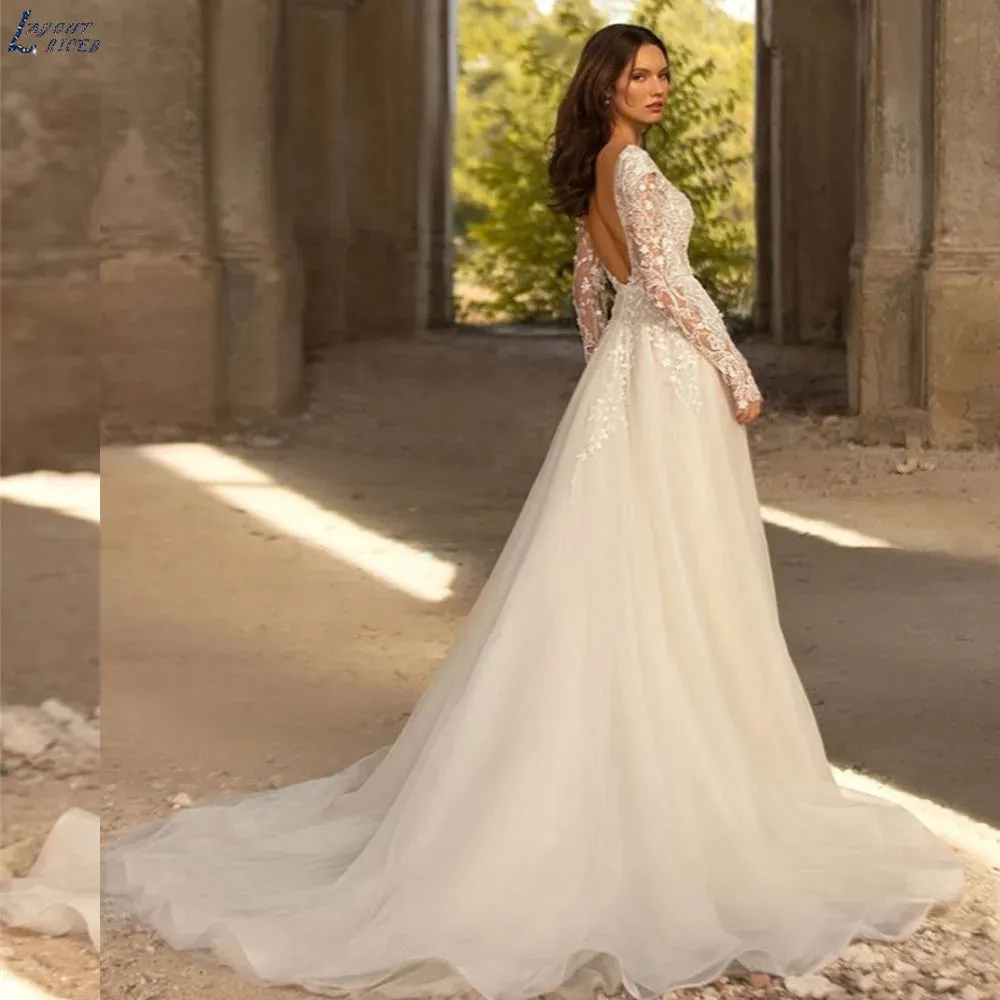 A-line Wedding Dress For Women Grace Flowers Embroidery Bridal Gowns