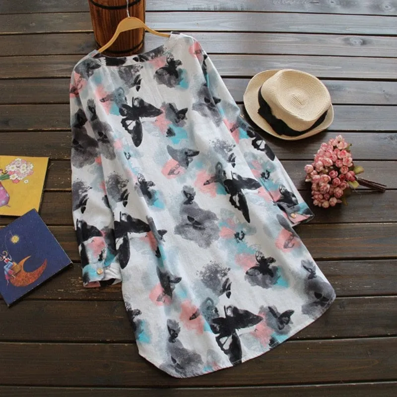 Abstract Butterflies Button Up Blouse