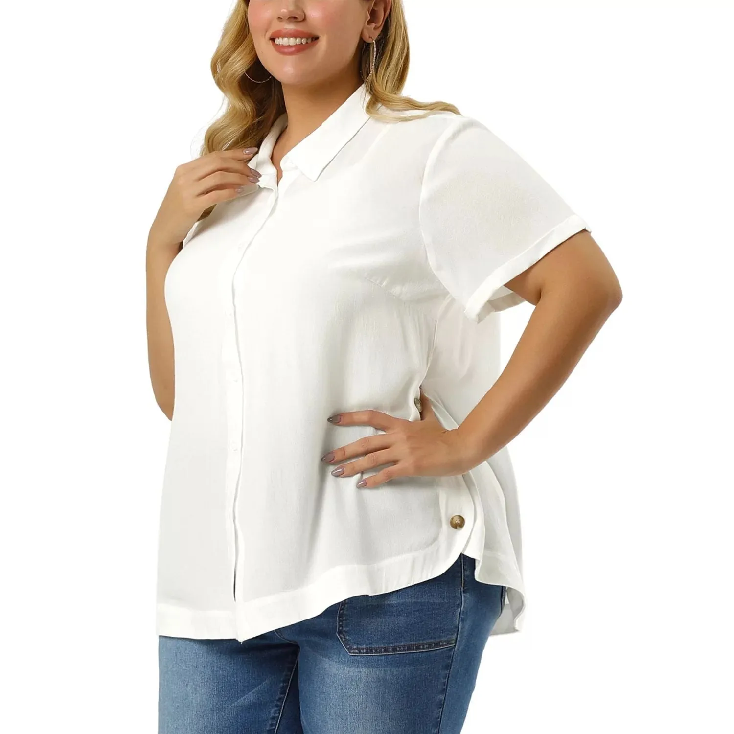 Agnes Orinda Women's Plus Size Roll Up Sleeve Button Front Split Front Shirts ,  white