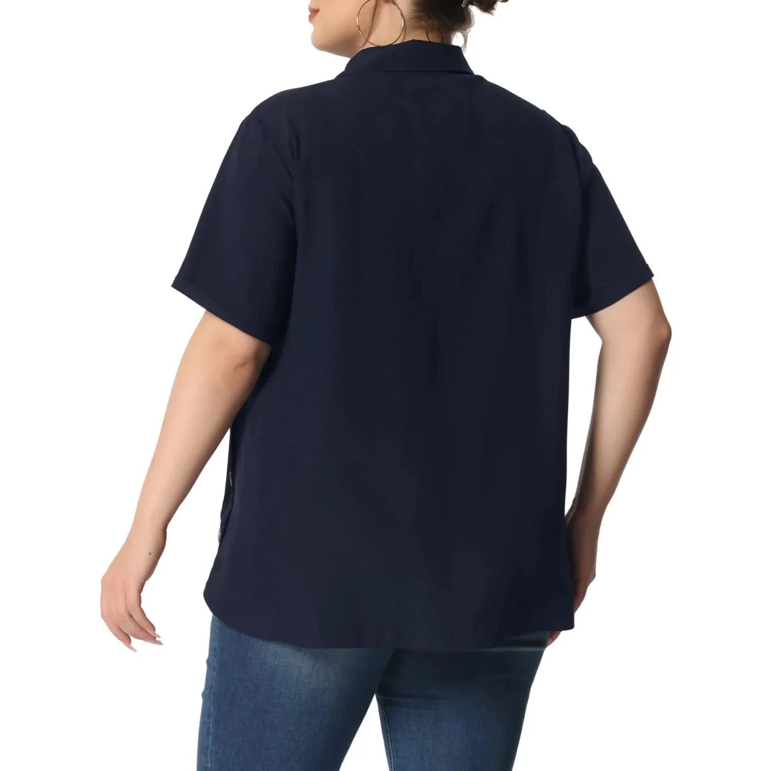 Agnes Orinda Women's Plus Size Roll Up Sleeve Button Front Split Front Shirts ,  white
