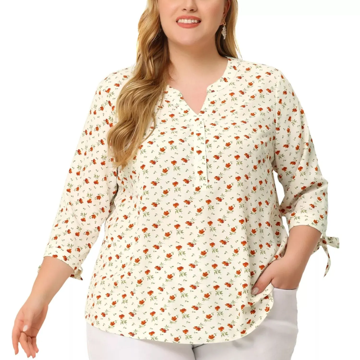 Agnes Orinda Women's Plus Size V-Neck Floral Button Down Tunic with 3/4 Sleeves