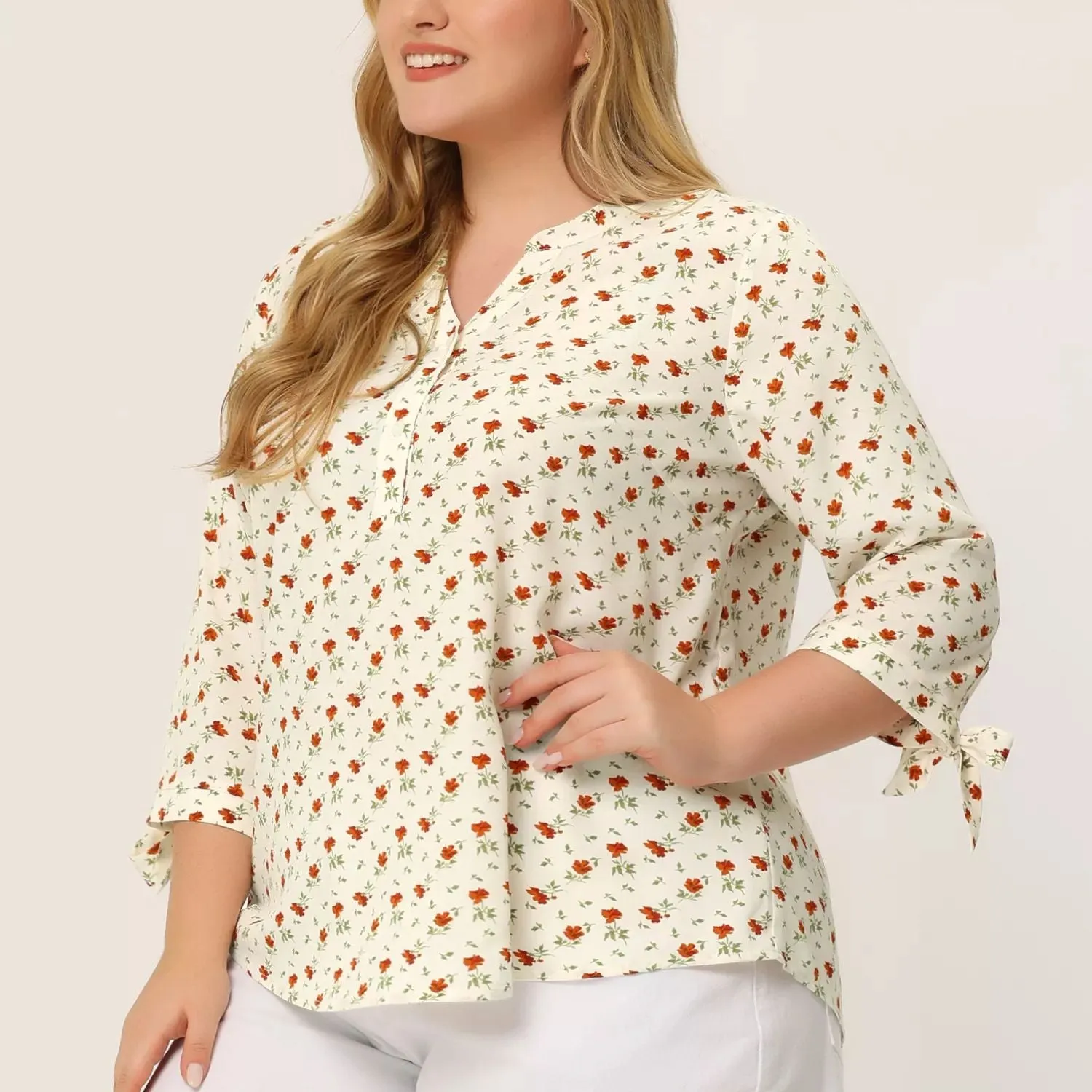 Agnes Orinda Women's Plus Size V-Neck Floral Button Down Tunic with 3/4 Sleeves