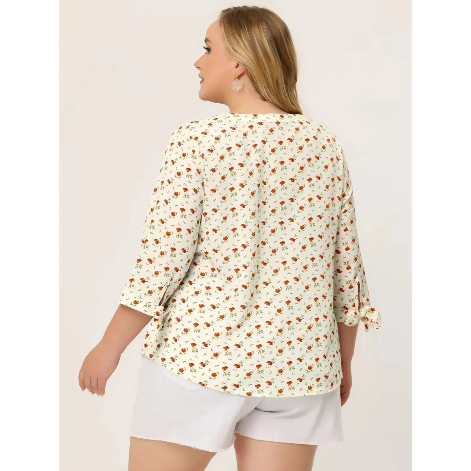 Agnes Orinda Women's Plus Size V-Neck Floral Button Down Tunic with 3/4 Sleeves