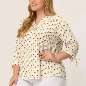 Agnes Orinda Women's Plus Size V-Neck Floral Button Down Tunic with 3/4 Sleeves