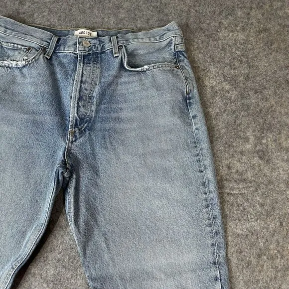 Agolde Jeans 31 Blue Riley Crop High Rise Straight Button Fly Light Wash Denim