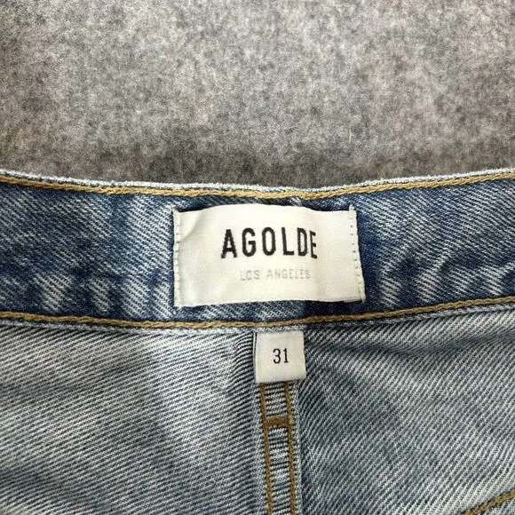 Agolde Jeans 31 Blue Riley Crop High Rise Straight Button Fly Light Wash Denim