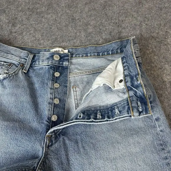 Agolde Jeans 31 Blue Riley Crop High Rise Straight Button Fly Light Wash Denim