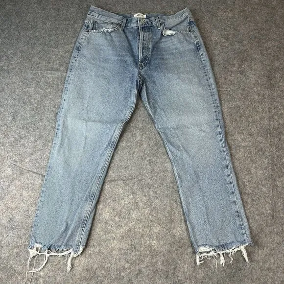 Agolde Jeans 31 Blue Riley Crop High Rise Straight Button Fly Light Wash Denim