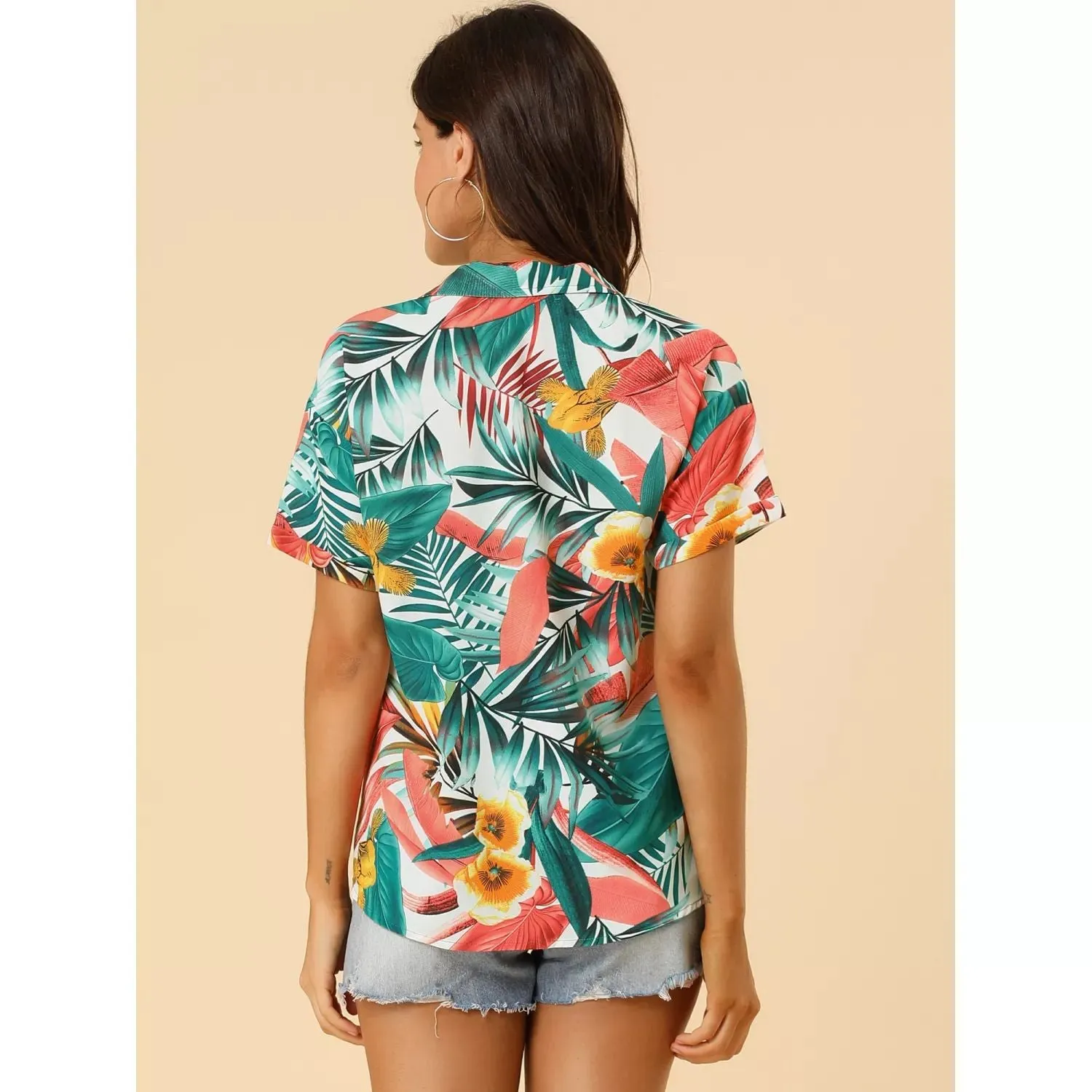 ALLEGRA K Women's Floral Leaf Button Down Hawaiian Beach Shirt