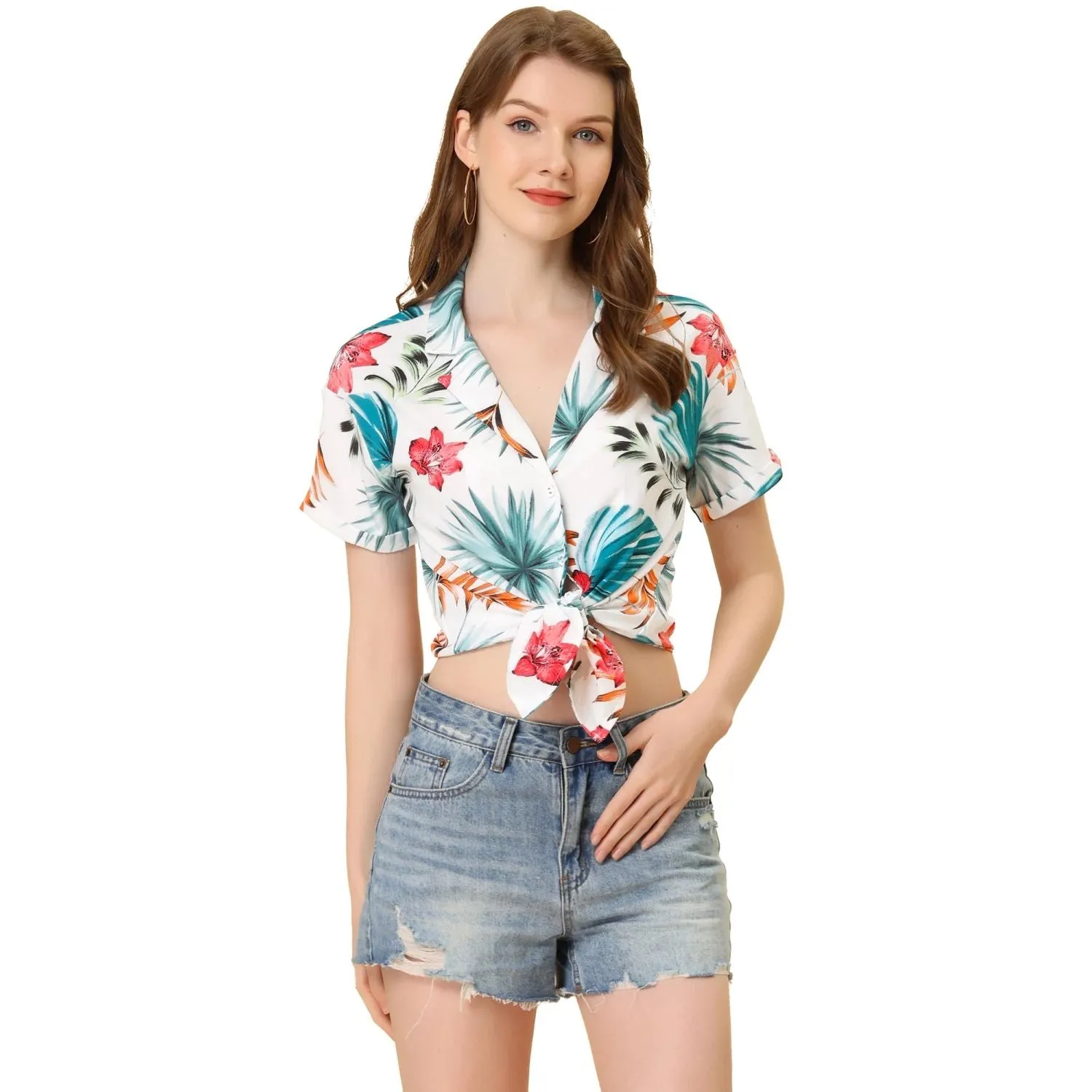 ALLEGRA K Women's Floral Leaf Button Down Hawaiian Beach Shirt
