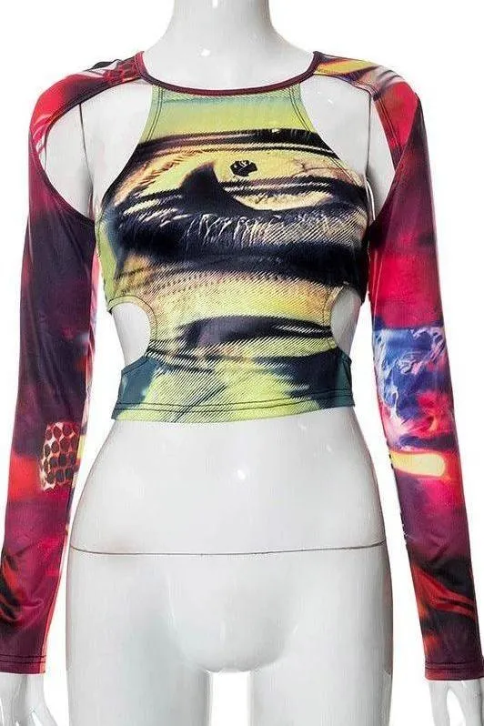 American print navel-cut long-sleeved T-shirt