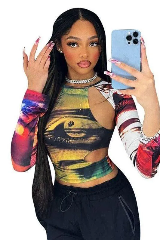 American print navel-cut long-sleeved T-shirt