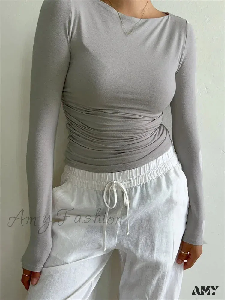 Amy Fashion - Ruched Casual Slim Fit Pullovers Long Sleeve T-Shirts