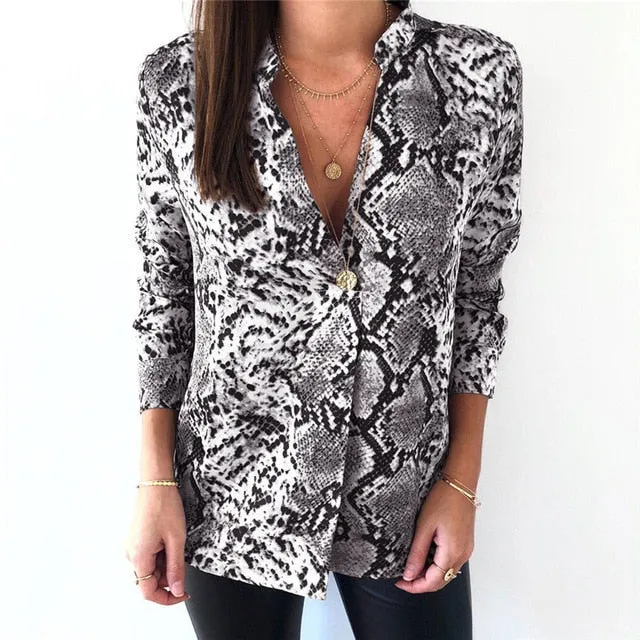 Animal Snake Skin Printed Sexy Long Sleeve  Tops Blouse Shirts