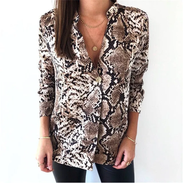 Animal Snake Skin Printed Sexy Long Sleeve  Tops Blouse Shirts