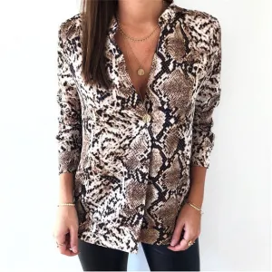 Animal Snake Skin Printed Sexy Long Sleeve  Tops Blouse Shirts