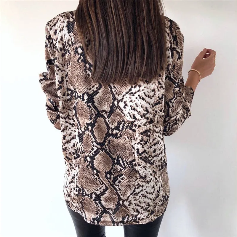 Animal Snake Skin Printed Sexy Long Sleeve  Tops Blouse Shirts