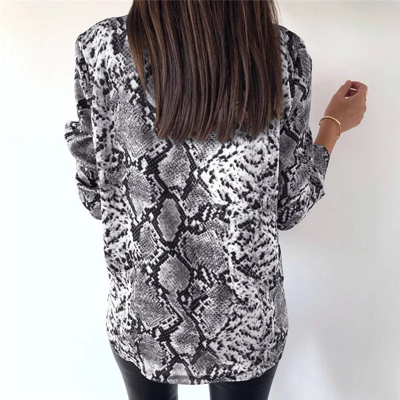 Animal Snake Skin Printed Sexy Long Sleeve  Tops Blouse Shirts