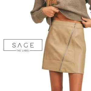 ANTHROPOLOGIE Sage The Label Bowie Faux Leather Mini Skirt - Taupe - Size Small