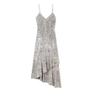 Asymmetric Sequined Tulle Midi Dress