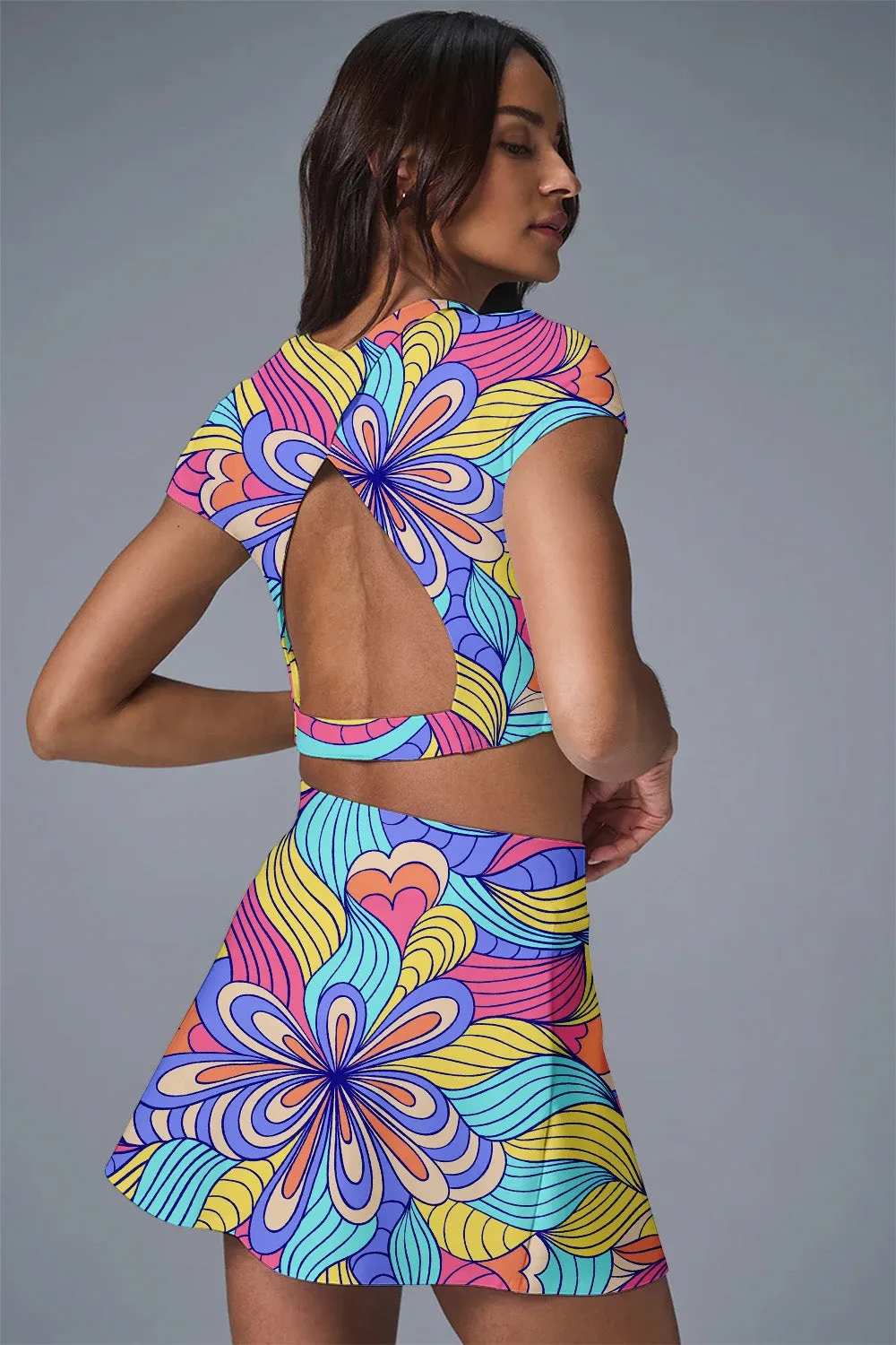 Aurora Bloom Colorful Psychedelic Print Tennis Dress and Skirt Set