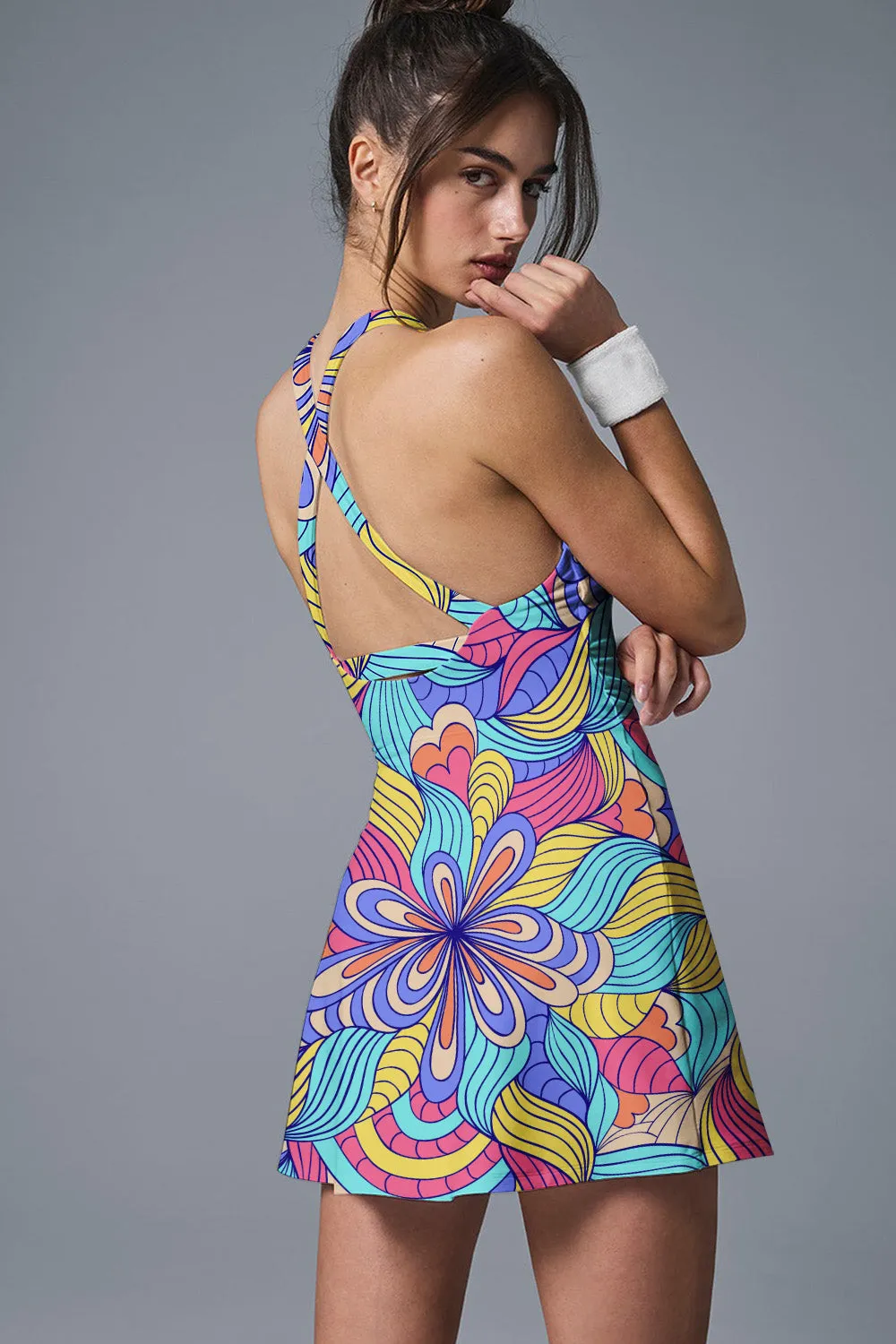 Aurora Bloom Colorful Psychedelic Print Tennis Dress and Skirt Set