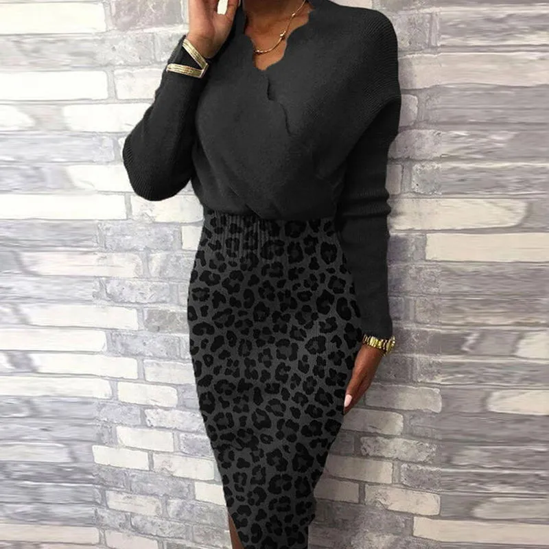 Autumn and winter women's fashion leopard print stitching long-sleeved bag hip high waist bag hip dress