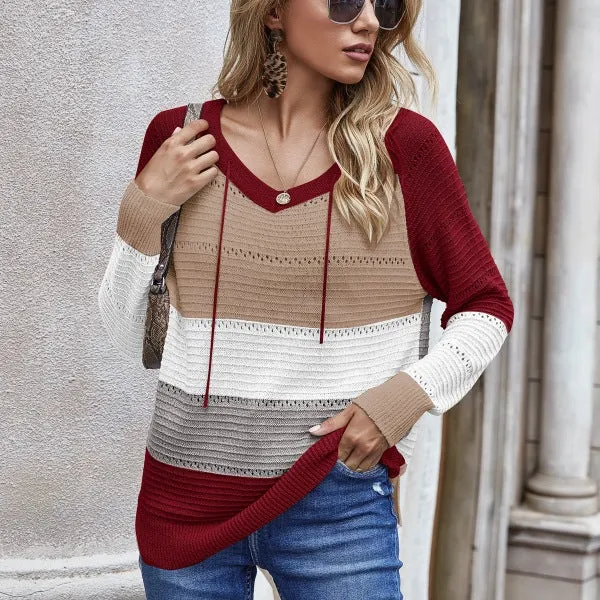 Autumn V Neck Patchwork Hooded Sweater Casual Long Sleeve Knitted Sweater