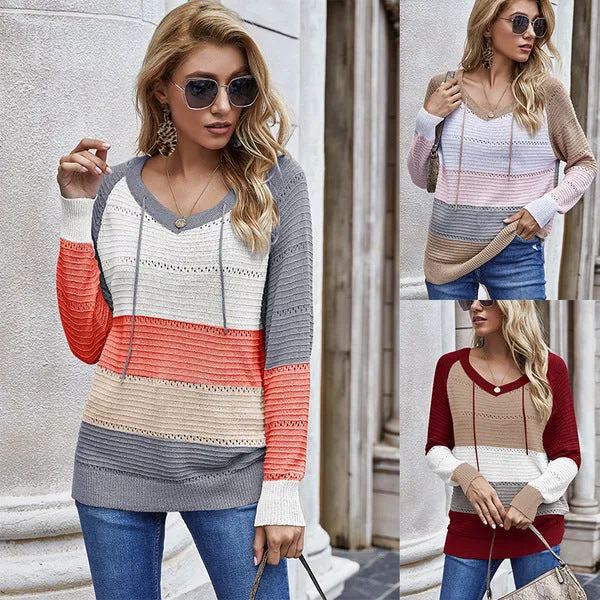 Autumn V Neck Patchwork Hooded Sweater Casual Long Sleeve Knitted Sweater