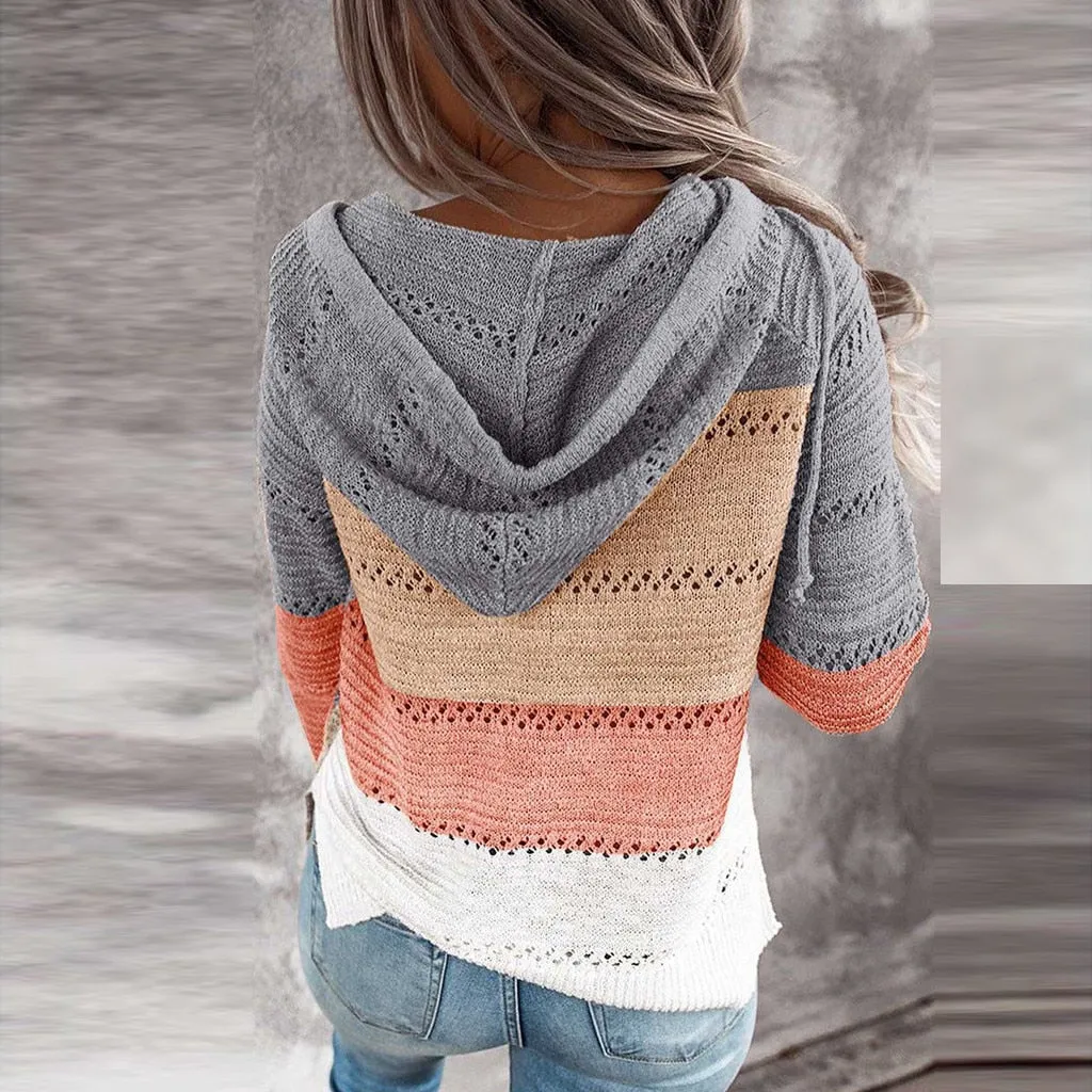 Autumn V Neck Patchwork Hooded Sweater Casual Long Sleeve Knitted Sweater
