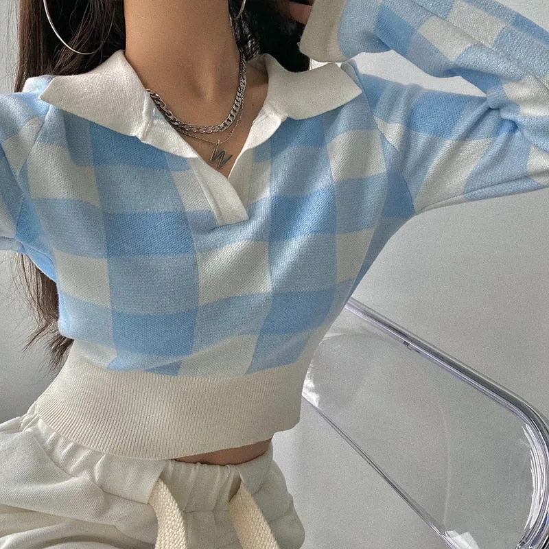 Autumn Winter Vintage Knitwear Crop Tops Women Pullover Sweaters Fashion Female Long Sleeve Elastic Casual Plaid Knitted Shirts