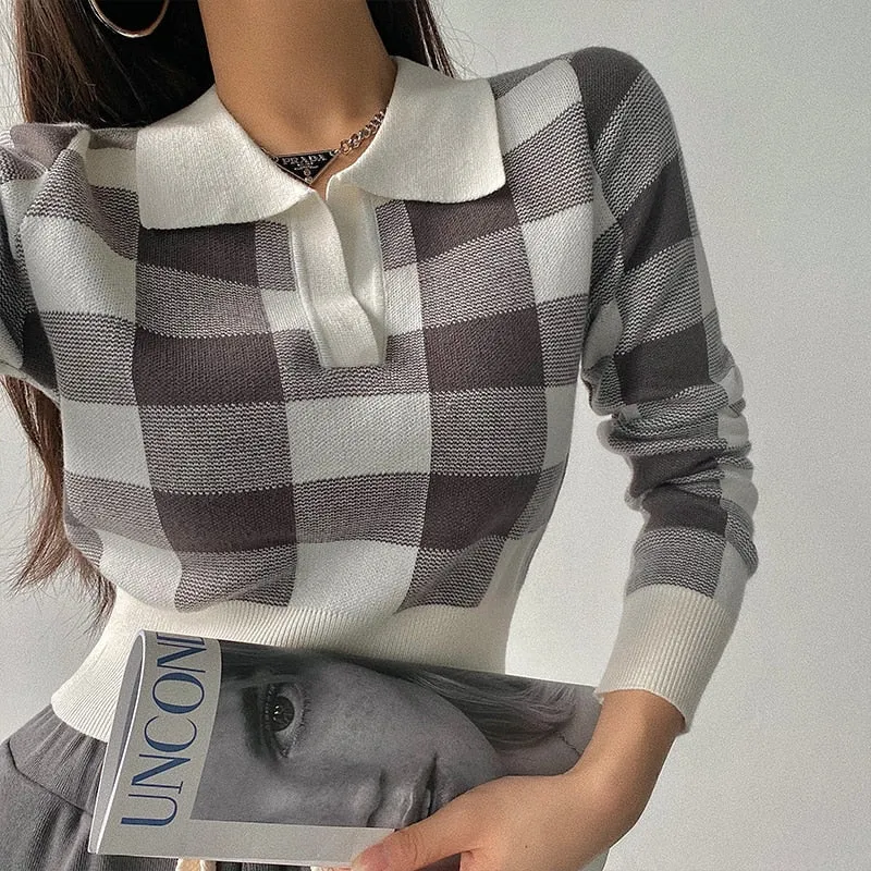 Autumn Winter Vintage Knitwear Crop Tops Women Pullover Sweaters Fashion Female Long Sleeve Elastic Casual Plaid Knitted Shirts