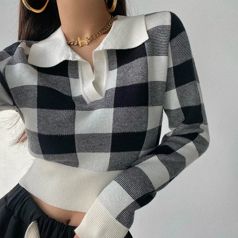 Autumn Winter Vintage Knitwear Crop Tops Women Pullover Sweaters Fashion Female Long Sleeve Elastic Casual Plaid Knitted Shirts