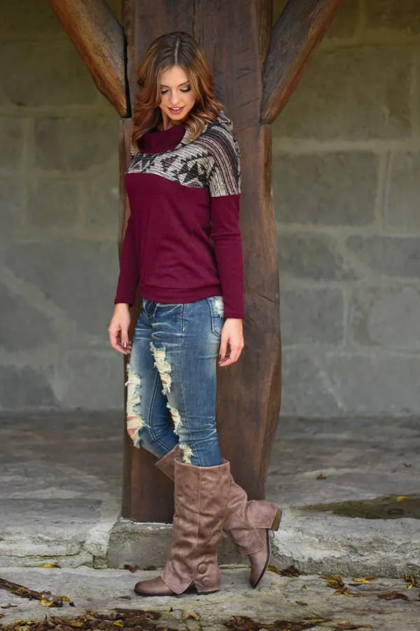Aztec Cowl Neck Burgundy