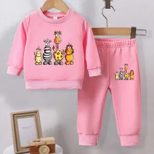 Baby Girl Printed Pure Polyester Round Neck Sweater   Pants Set, Autumn And Winter Thin Velvet Cute Two-Piece Outdoor Clothing, for Outdoor