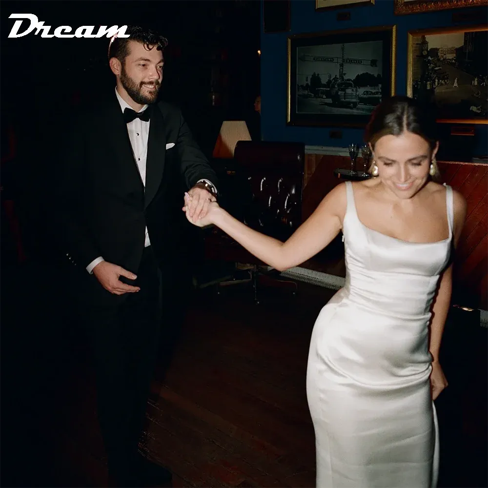 Back Draped Cowl Satin Sheath Wedding Dress Simple Square Neck Sleeveless
