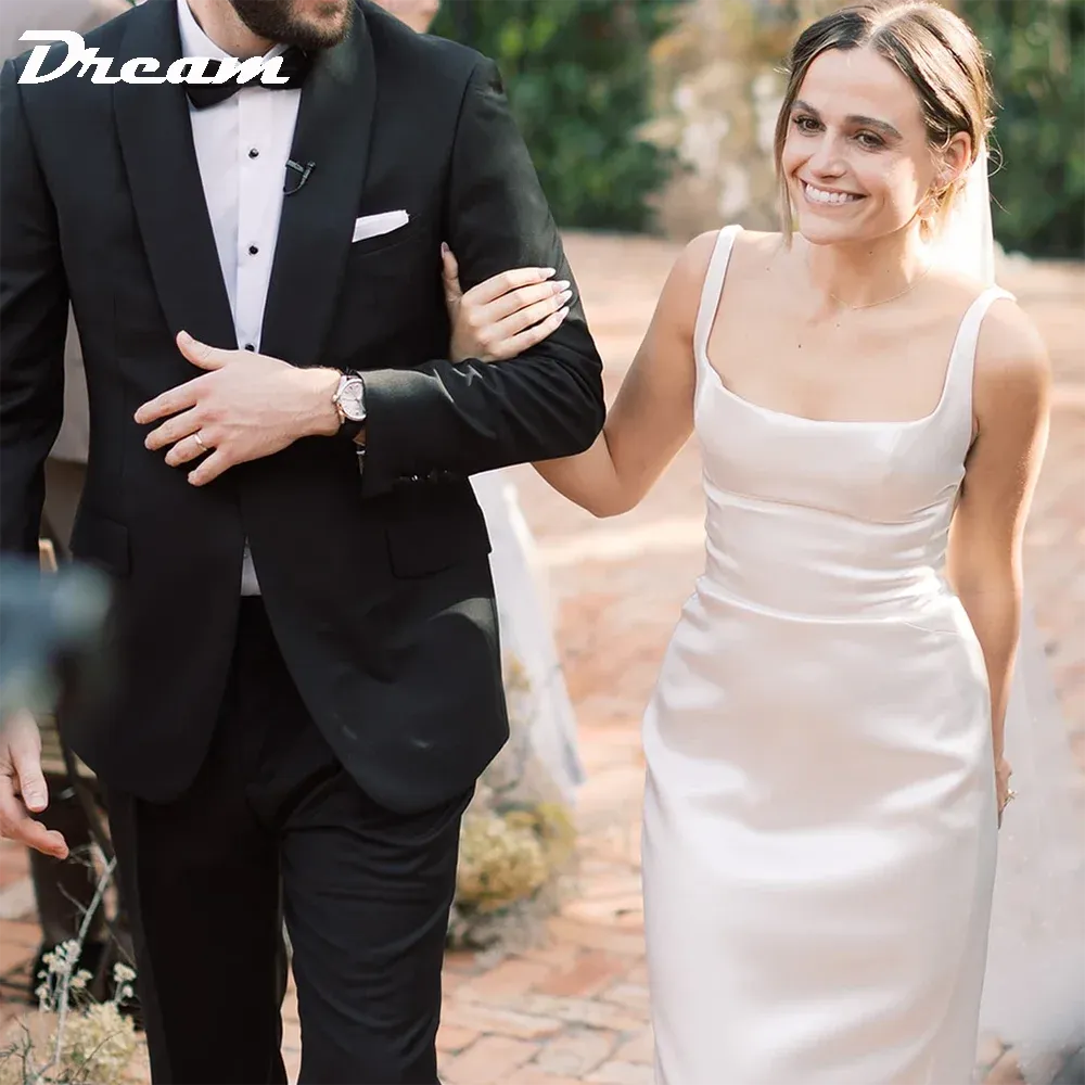 Back Draped Cowl Satin Sheath Wedding Dress Simple Square Neck Sleeveless