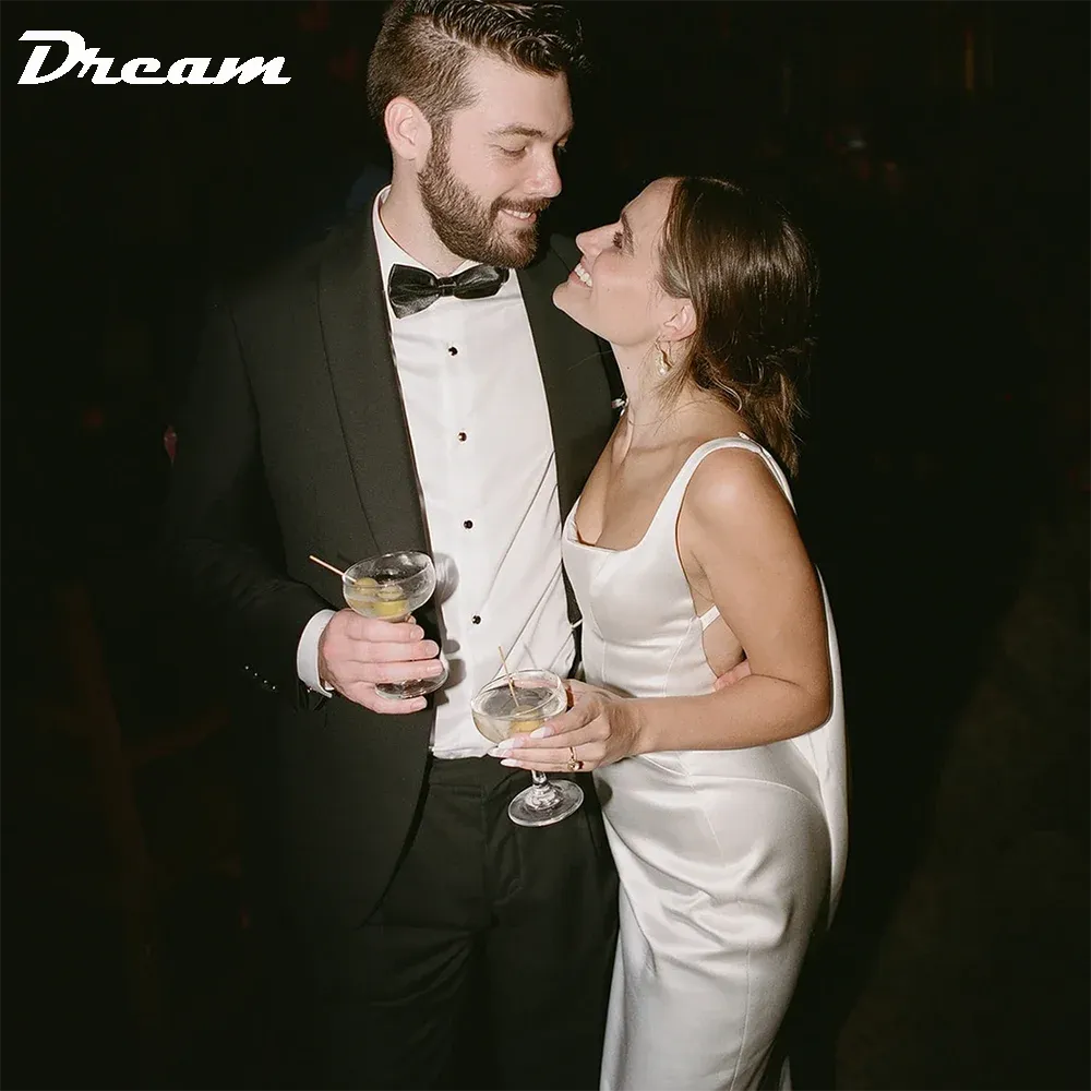 Back Draped Cowl Satin Sheath Wedding Dress Simple Square Neck Sleeveless