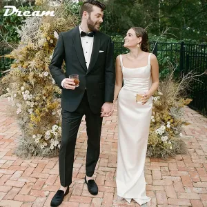 Back Draped Cowl Satin Sheath Wedding Dress Simple Square Neck Sleeveless