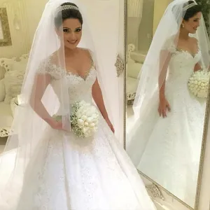 Ball Gown Wedding Dresses Cap Sleeve Lace Appliques Wedding Gowns
