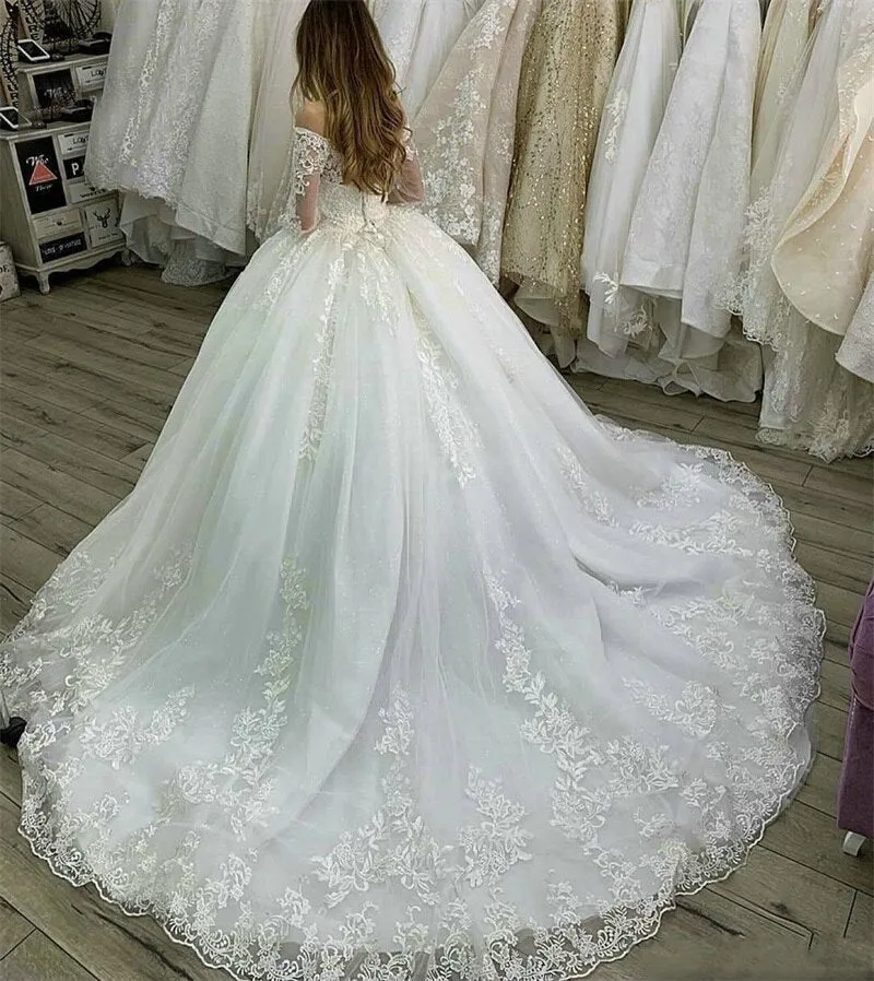 Ball Gown White Wedding Dresses Long Sleeve Lace Applique Boat
