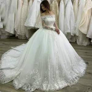 Ball Gown White Wedding Dresses Long Sleeve Lace Applique Boat