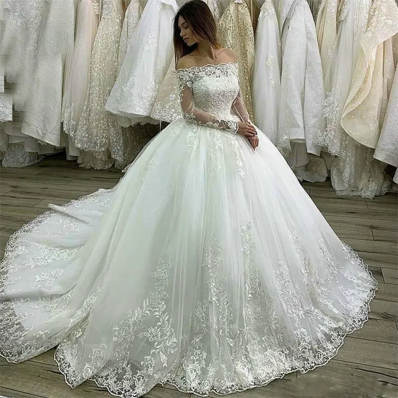 Ball Gown White Wedding Dresses Long Sleeve Lace Applique Boat