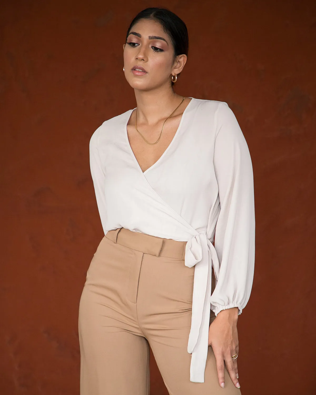 Balloon Sleeved Mock Wrap Bodysuit